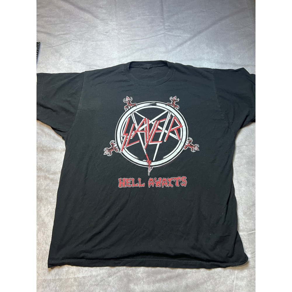 Slayer Hell Awaits Tour 1985 Graphic T-Shirt Men XL Black Pentagram Band Tee